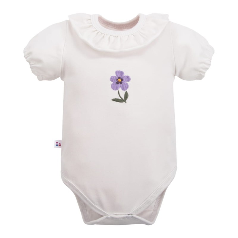 Body dziecięce z krótkim rękawem ecru z haftem kwiatuszka