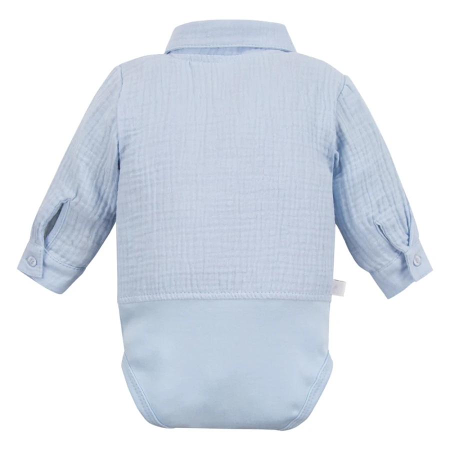 Muslin shirt-style bodysuit with collar and buttons light blue