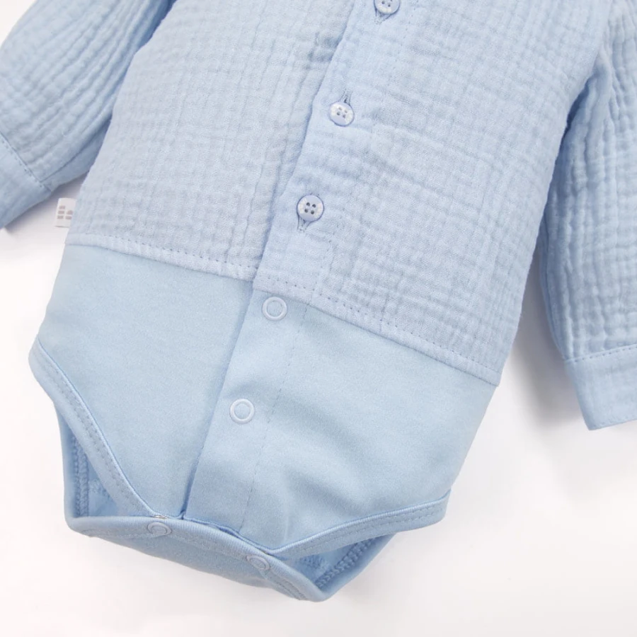 Muslin shirt-style bodysuit with collar and buttons light blue