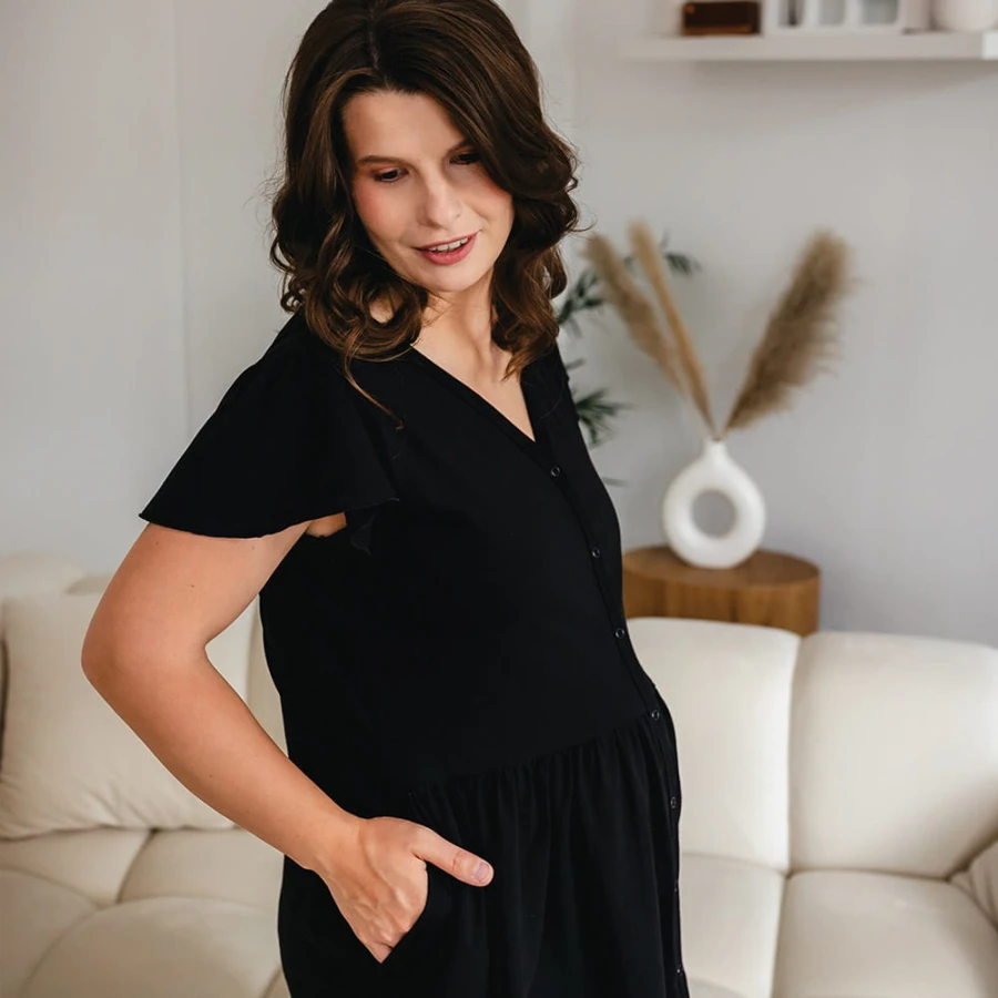 Linda maternity and nursing dress with buttons black