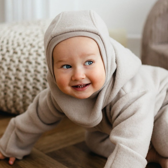 Beige baby balaclava made of fleece with merino wool lining
