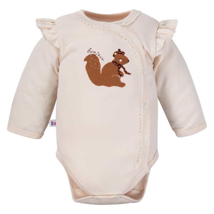 Ecru baby cardigan bodysuit with squirrel