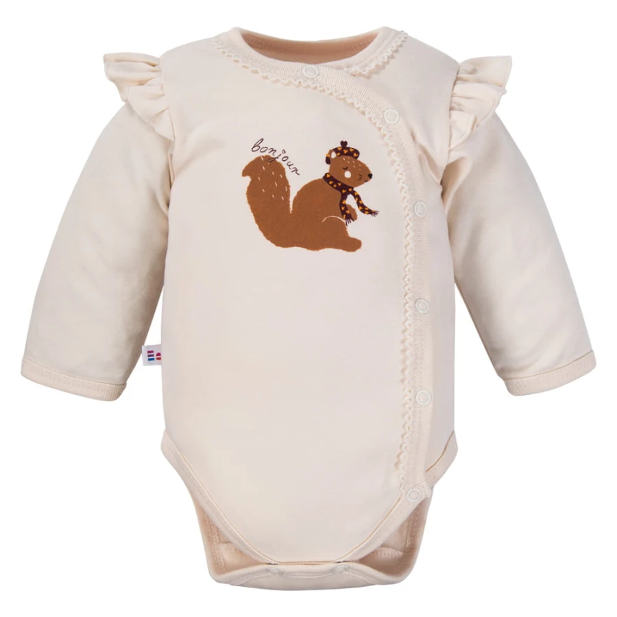 Ecru baby cardigan bodysuit with squirrel