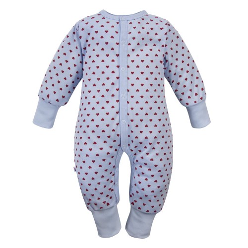 Blue footless baby romper with hearts, grows with your child