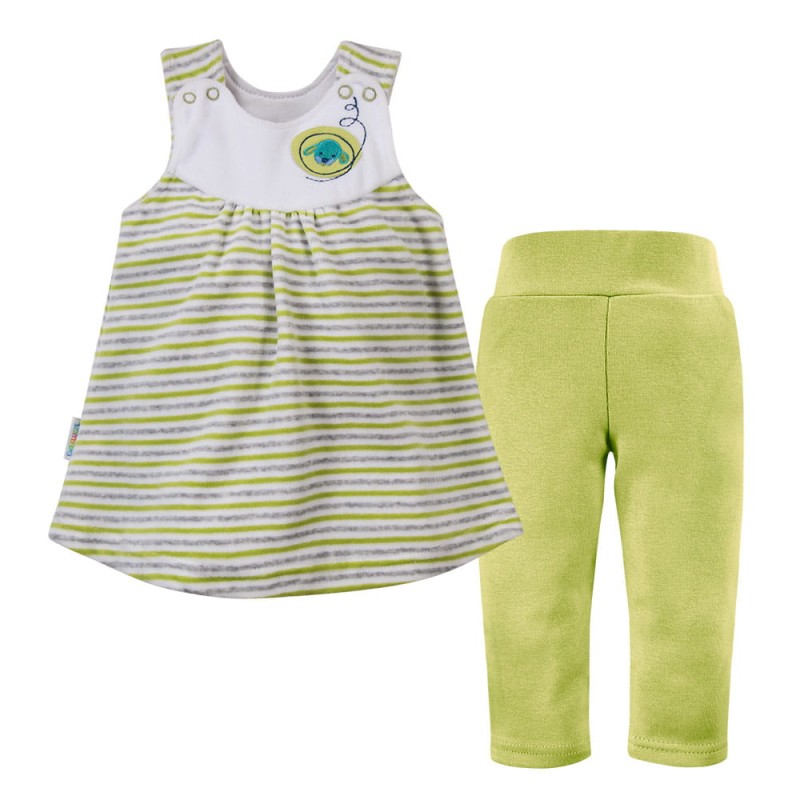 Zestaw dziewczęcy dla niemowląt – welurowa tunika w paski i zielone bawełniane legginsy, komplet dla dziewczynki rozmiar 68–86