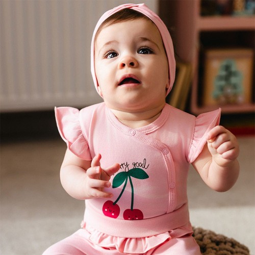 Body dziewczęce rozpinane różowe z motylkowymi rękawkami