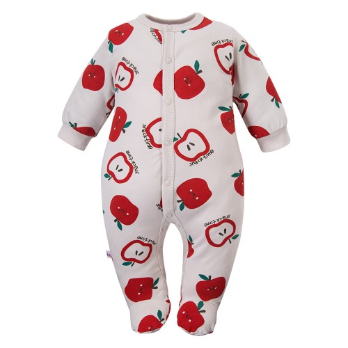 Pajac niemowlęcy ze stópkami ecru w jabłuszka