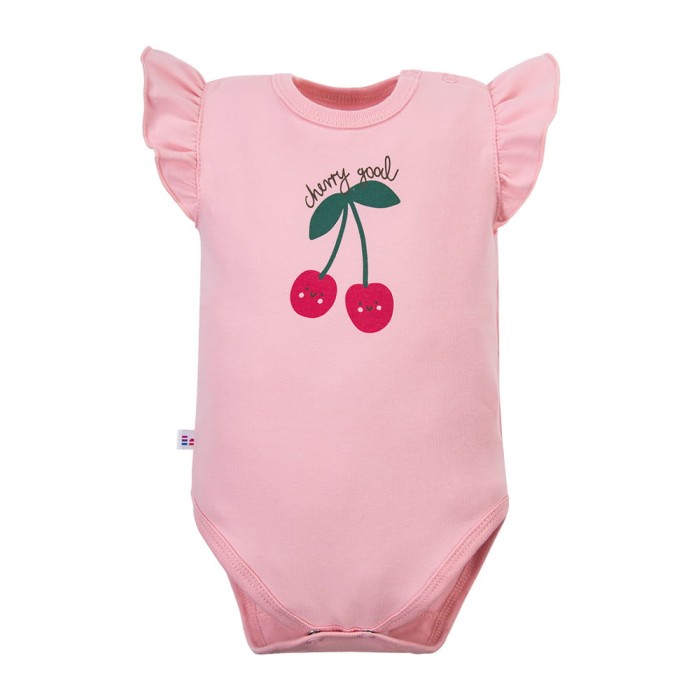 Girls' pink bodysuit with cherry and flutter sleeves