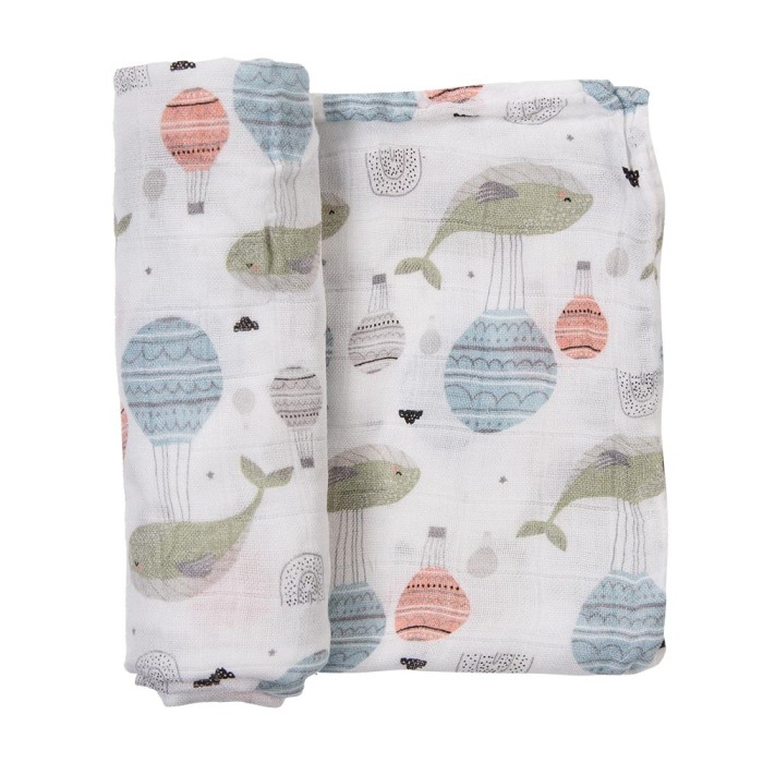 White bamboo baby diaper with whales 60x60