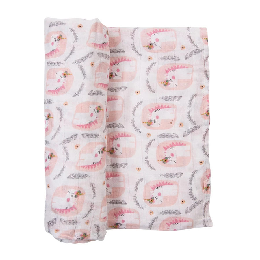White muslin swaddle with unicorns 120x120