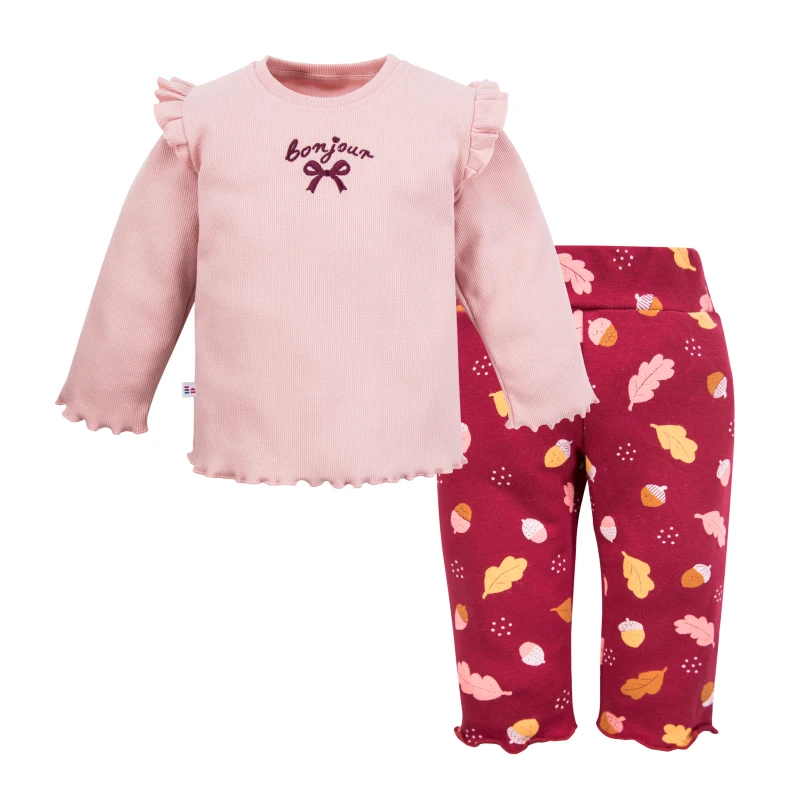 Zestaw dziewczęcy bluzka z falbankami i legginsy bordowe