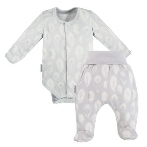 Baby bamboo set bodysuit and footed pants grey with feathers