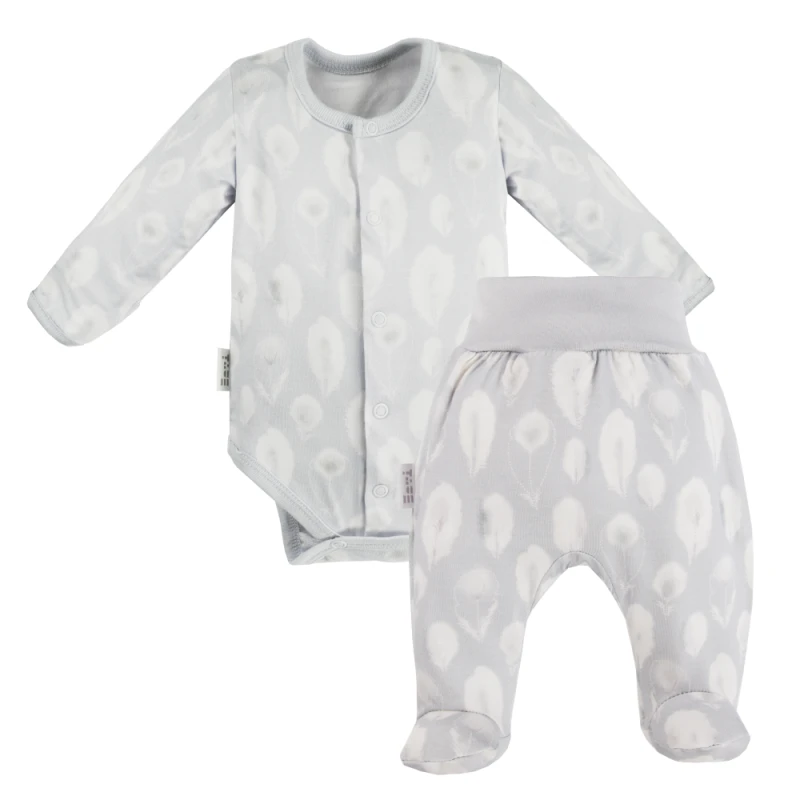 Baby bamboo set bodysuit and footed pants grey with feathers