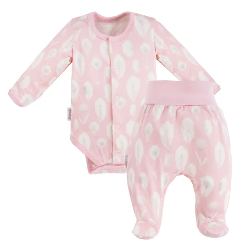 Baby bamboo set bodysuit and footed pants pink with feathers