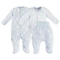 Baby bamboo set sleepsuit bodysuit and footed pants blue with feathers