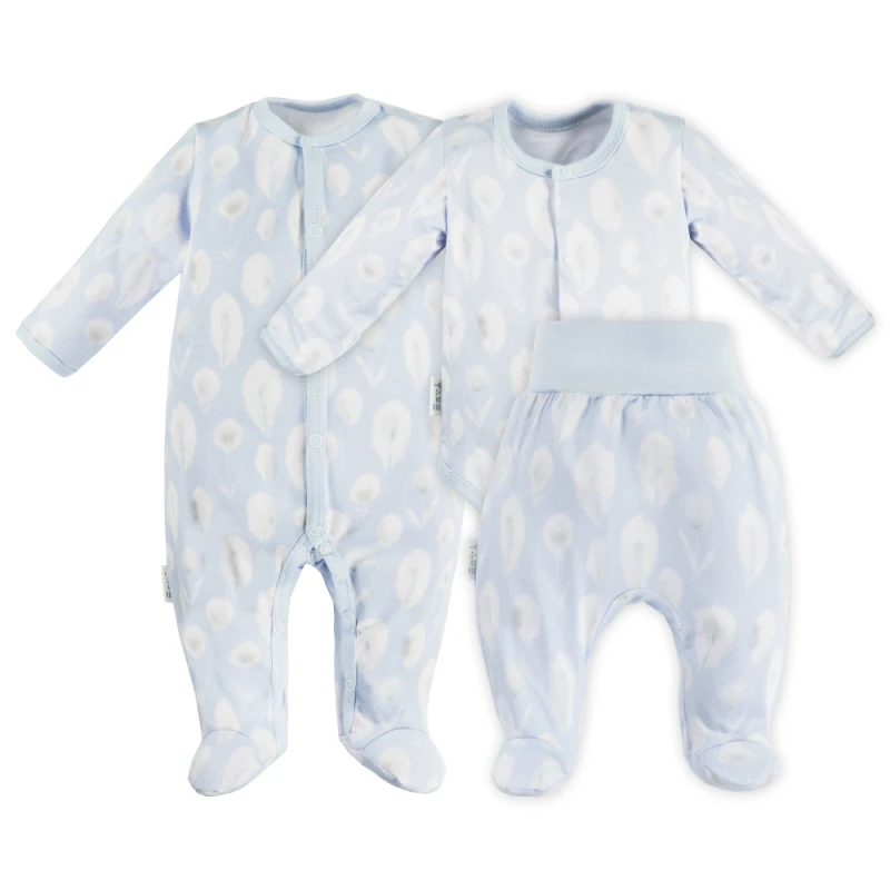 Baby bamboo set sleepsuit bodysuit and footed pants blue with feathers