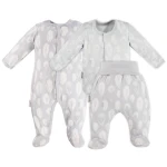 Baby bamboo set sleepsuit bodysuit and footed pants grey with feathers