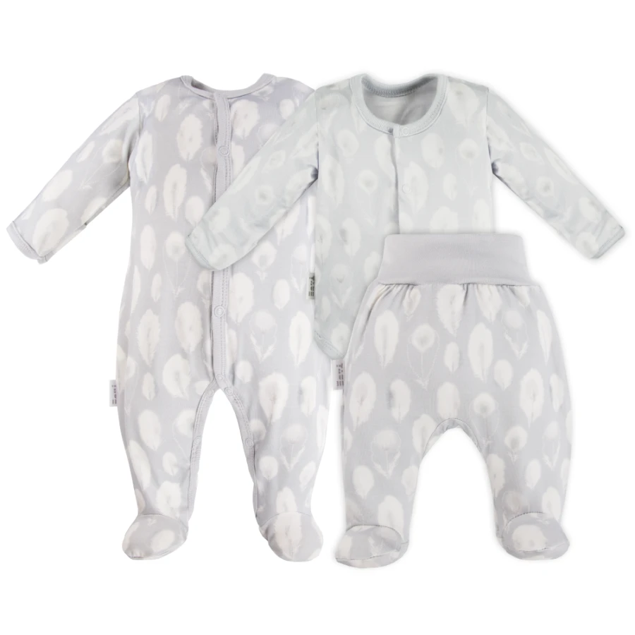 Zestaw bambusowy pajac, body i półśpiochy szare w piórka