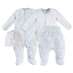 Zestaw bambusowy pajac, body, czapka i półśpiochy niebieskie w piórka