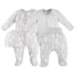 Zestaw bambusowy pajac, body, czapka i półśpiochy szare w piórka