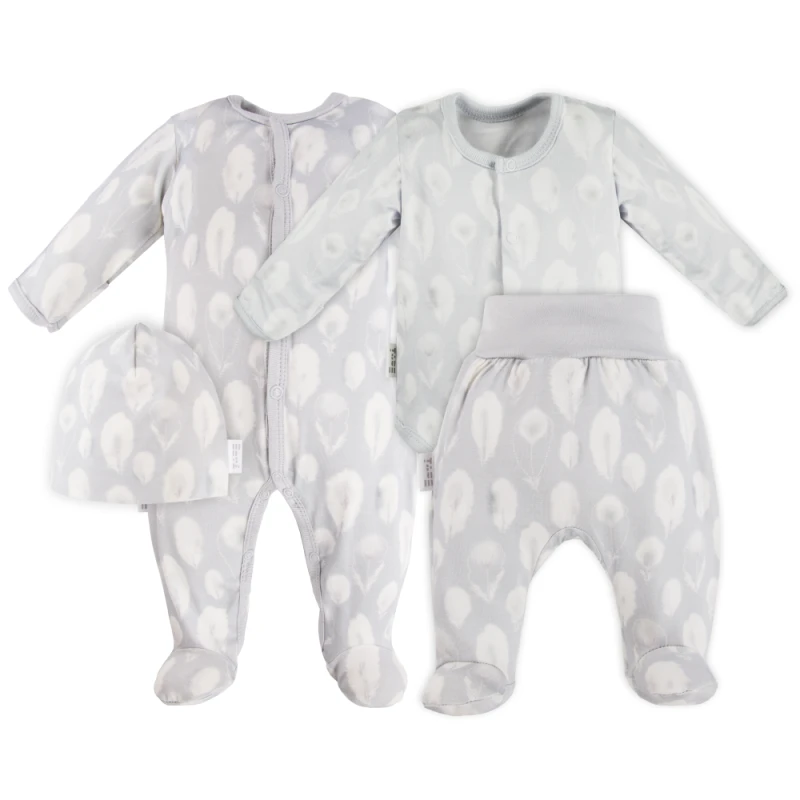 Zestaw bambusowy pajac, body, czapka i półśpiochy szare w piórka