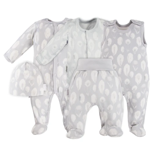 Baby bamboo set sleepsuit, sleep romper, bodysuit, hat and footed pants grey with feathers