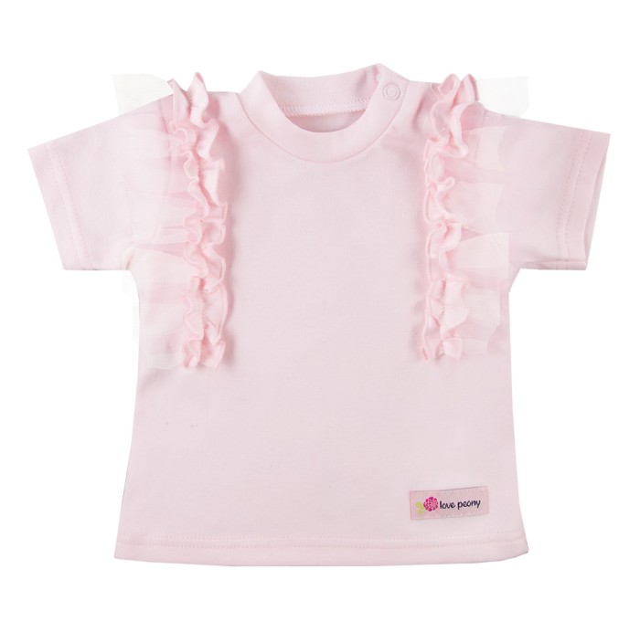 Girls set pink blouse with tulle ruffle and denim-style pants