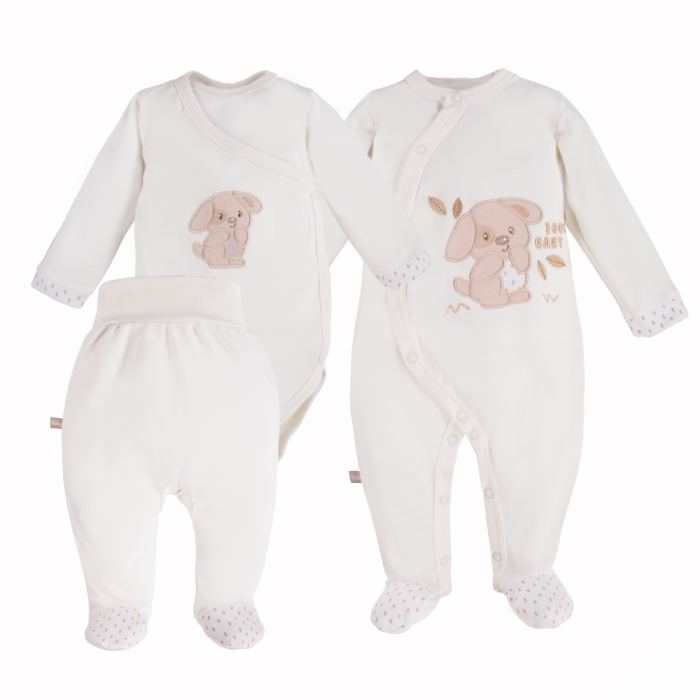 Baby set: bodysuit, sleepsuit and footed pants in ecru