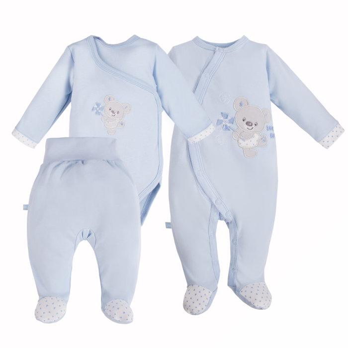 Baby set: bodysuit, sleepsuit and footed pants in blue
