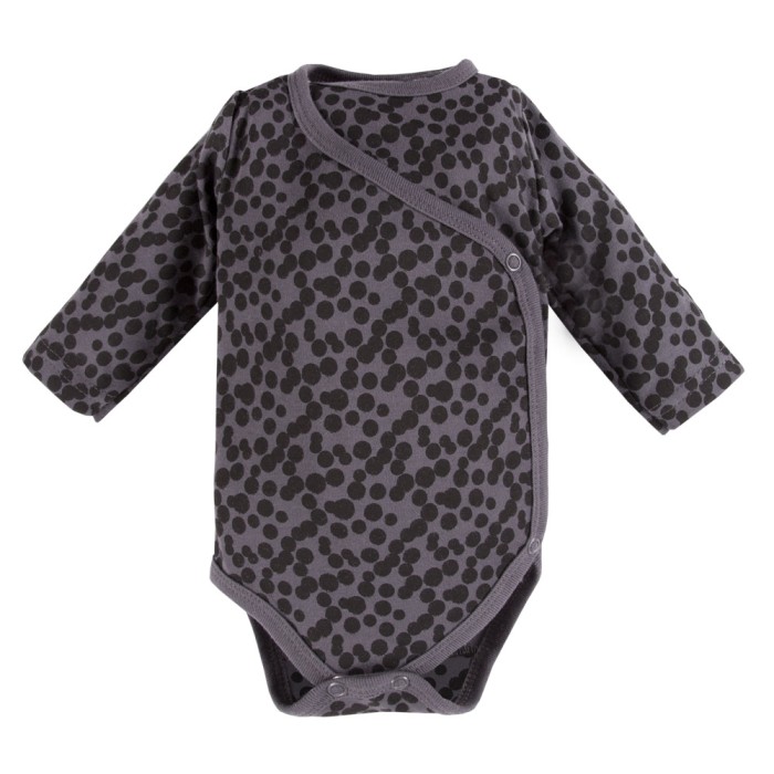 Wrap bodysuit, graphite polka dot pants and sweatshirt set