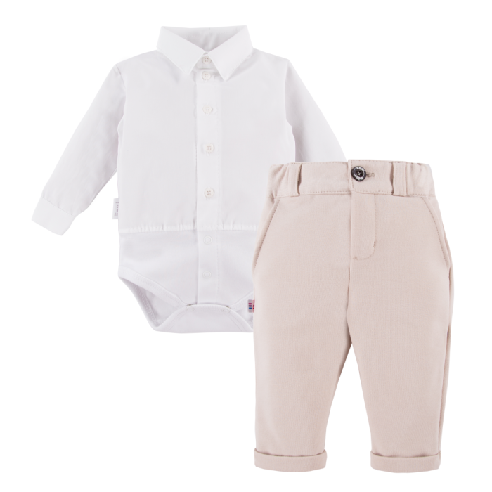 White shirt bodysuit and beige elegant pants set