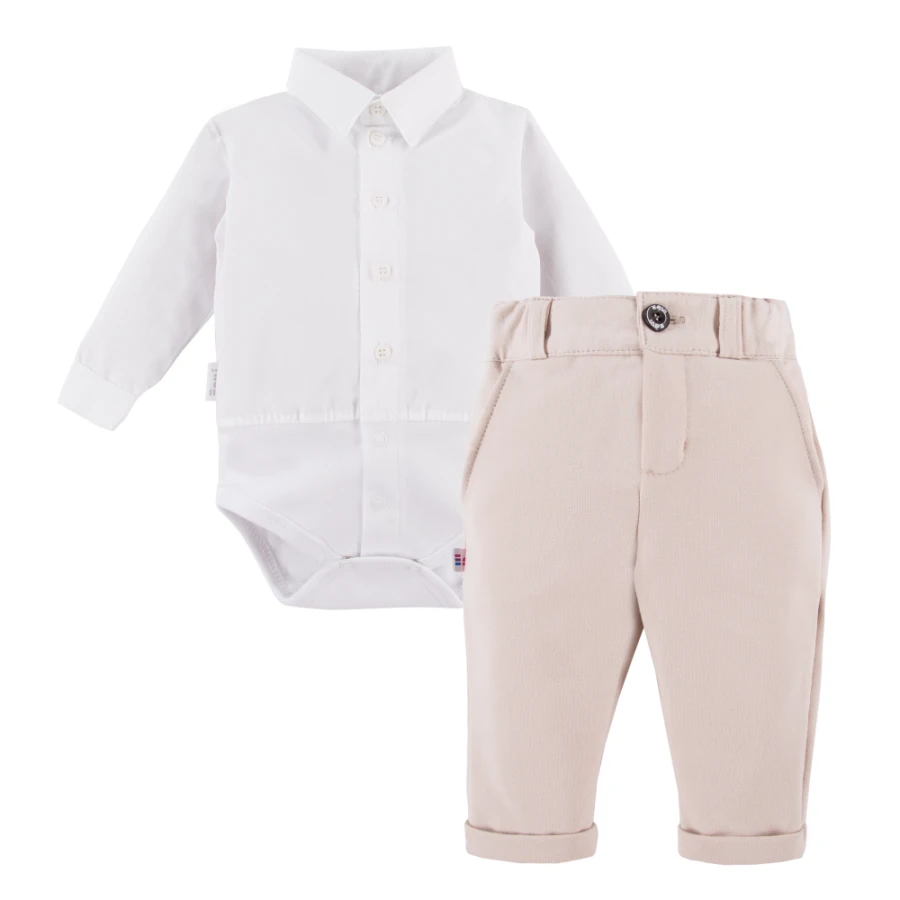 White shirt bodysuit and beige elegant pants set