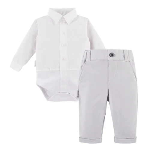 White shirt bodysuit and elegant grey pants set