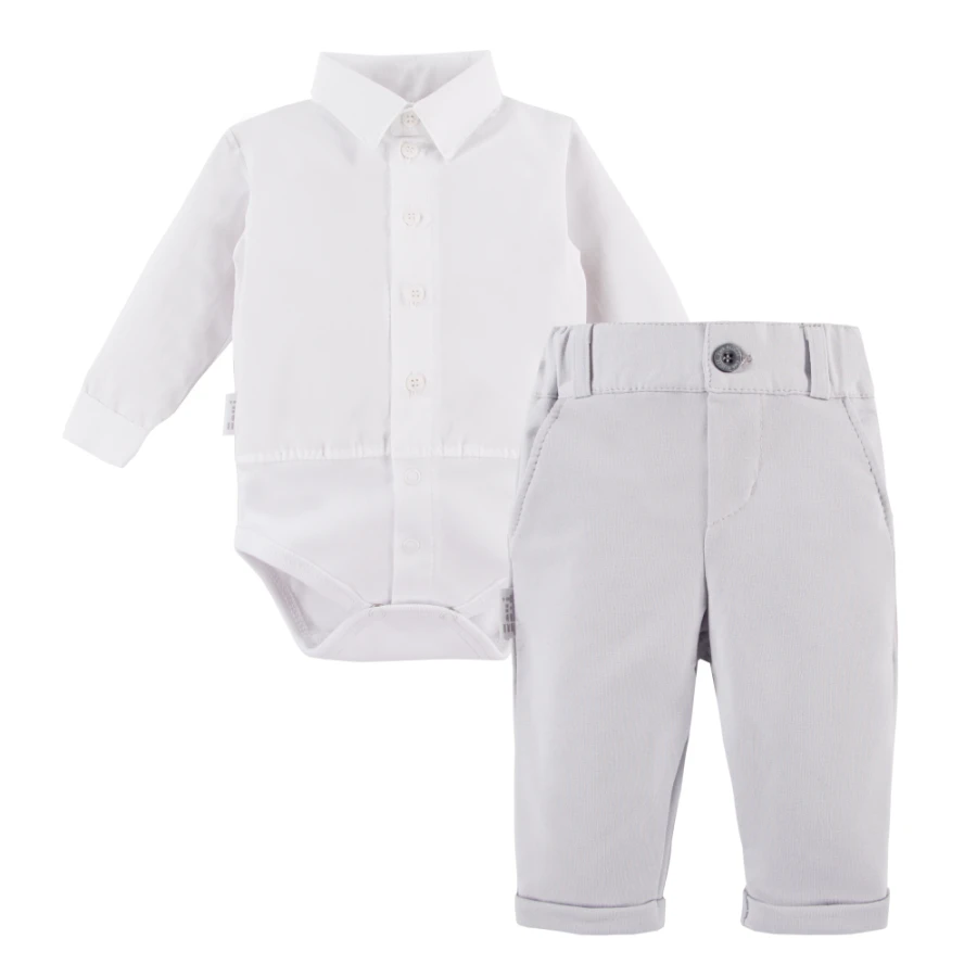 White shirt bodysuit and elegant grey pants set