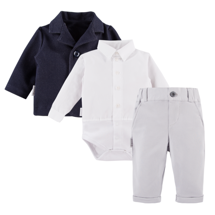 White shirt bodysuit, grey elegant trousers and navy blazer set
