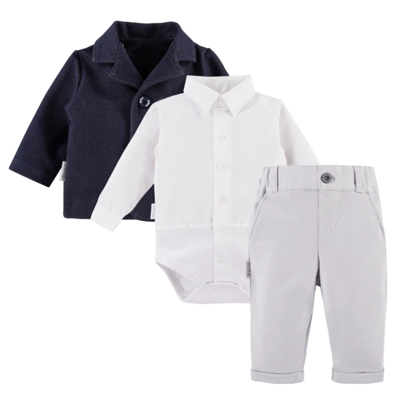 White shirt bodysuit, grey elegant trousers and navy blazer set