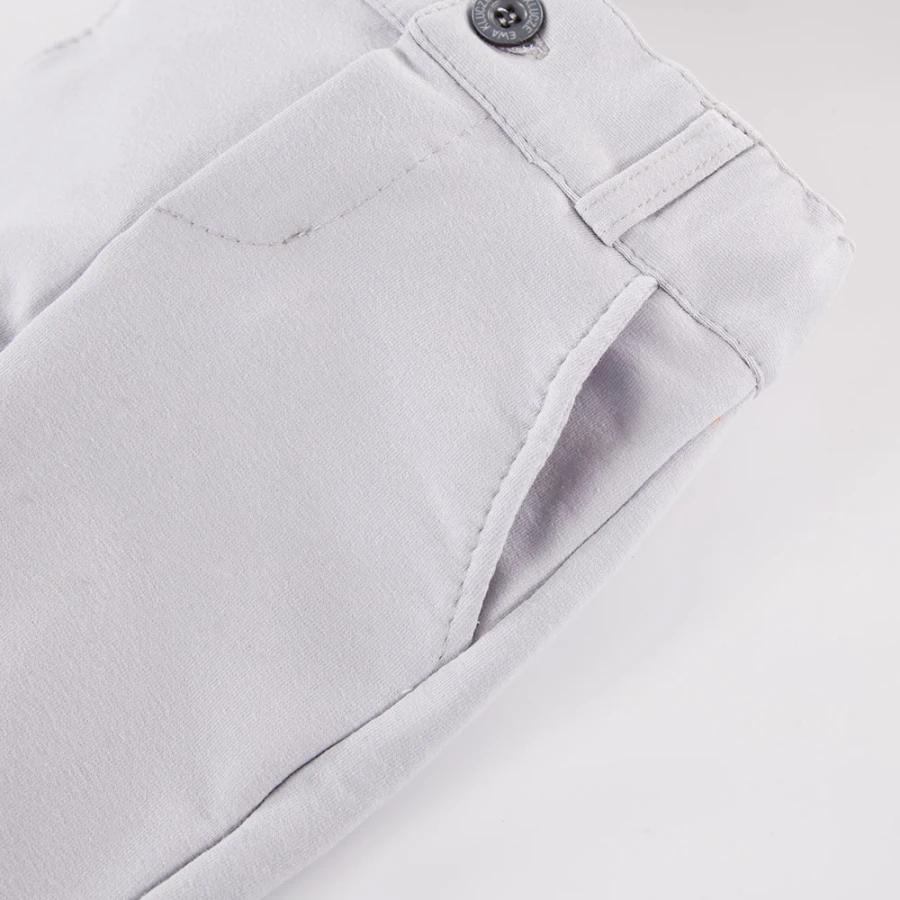 White shirt bodysuit, grey elegant trousers and navy blazer set