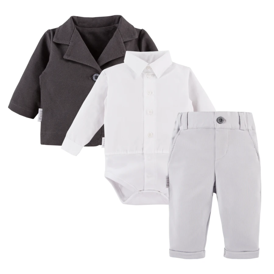 White shirt bodysuit, grey elegant trousers and grey blazer set