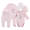 Pink baby set with bodysuit, sleepsuit, footed pants and hats