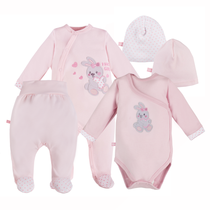 Pink baby set with bodysuit, sleepsuit, footed pants and hats