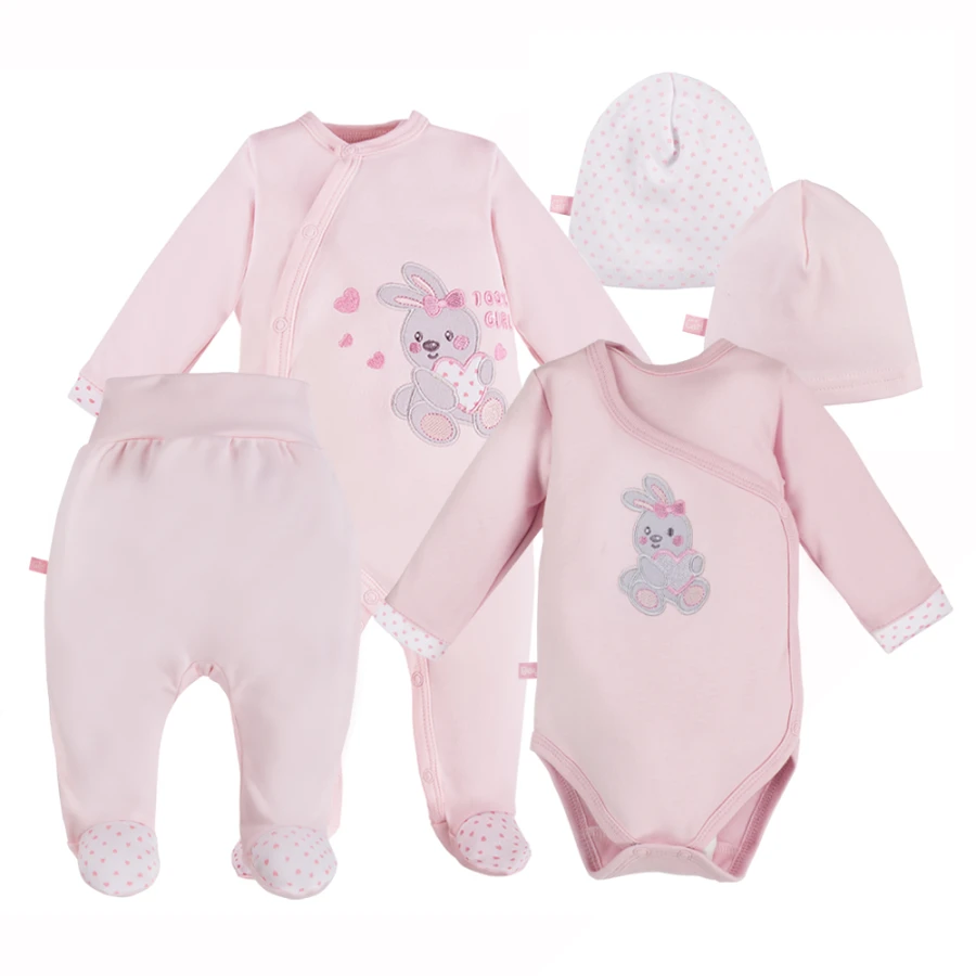 Pink baby set with bodysuit, sleepsuit, footed pants and hats