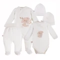 Ecru baby set with bodysuit, sleepsuit, footed pants and hats