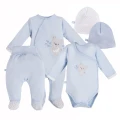 Blue baby set with bodysuit, sleepsuit, footed pants and hats