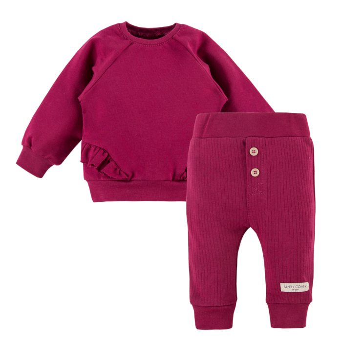 Zestaw bluza z falbankami i legginsy prążkowane bordowe