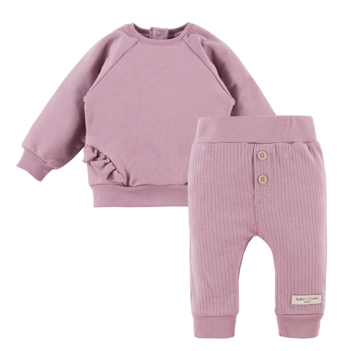 Zestaw bluza z falbankami i legginsy prążkowane wrzosowe