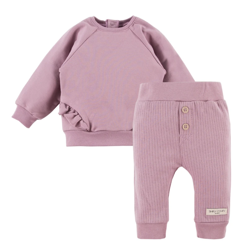 Zestaw bluza z falbankami i legginsy prążkowane wrzosowe