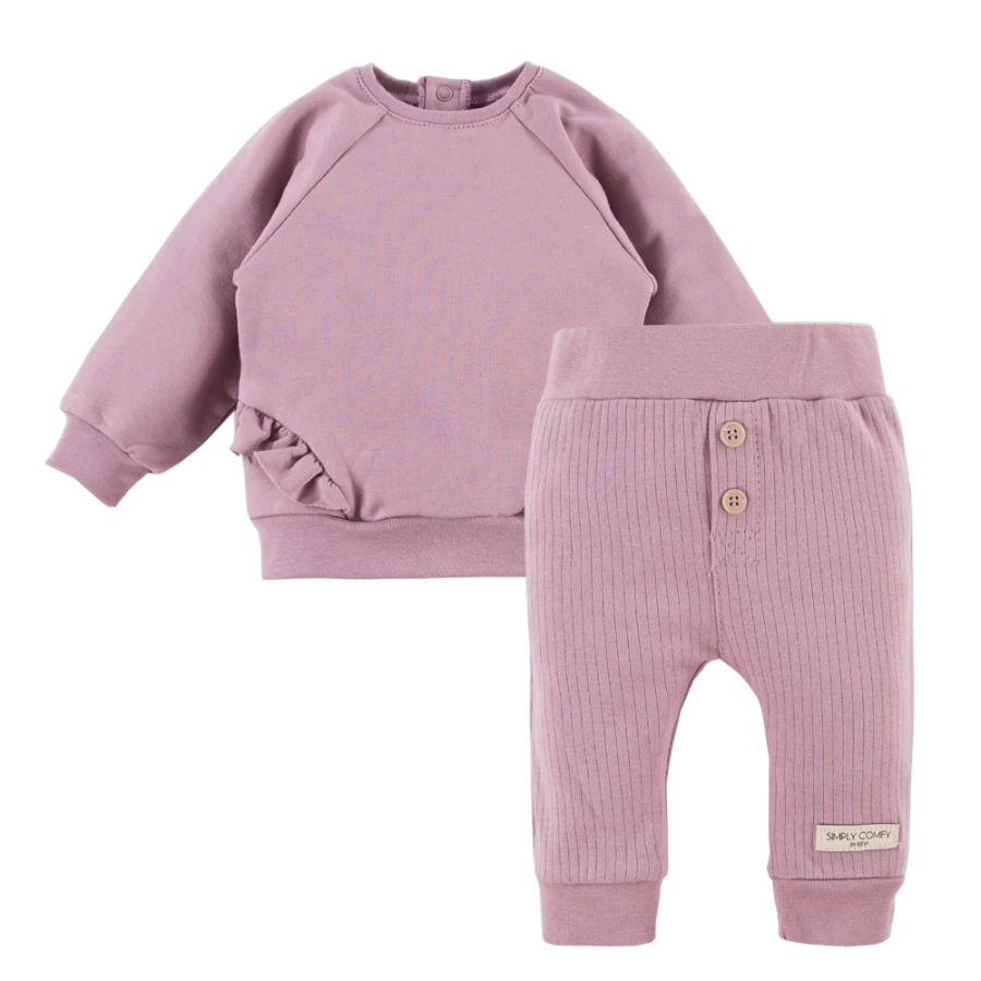 Zestaw bluza z falbankami i legginsy prążkowane wrzosowe