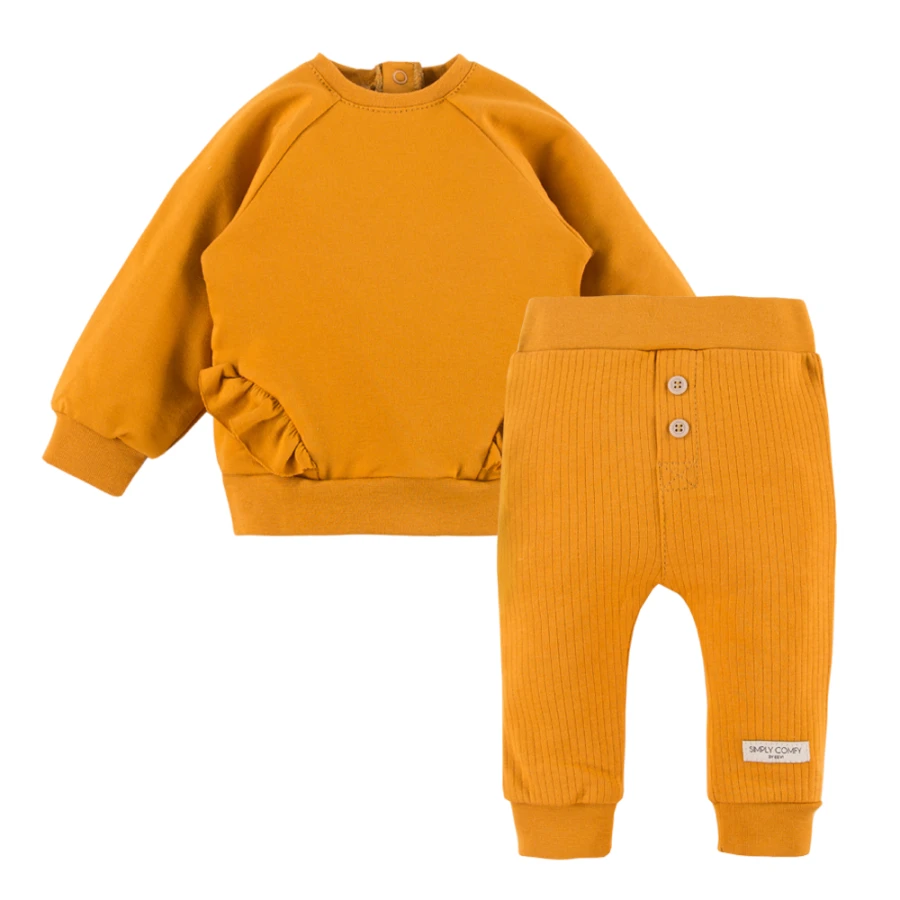 Zestaw bluza z falbankami i legginsy prążkowane miodowe