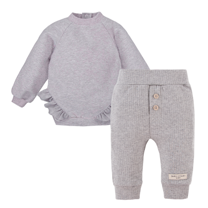 Zestaw bluza z falbankami i legginsy prążkowane szare