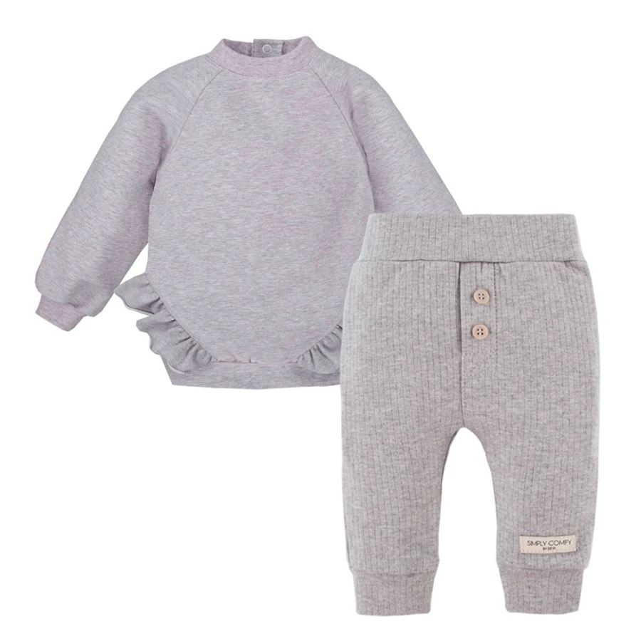 Grey ribbed leggings and ruffle sweatshirt set